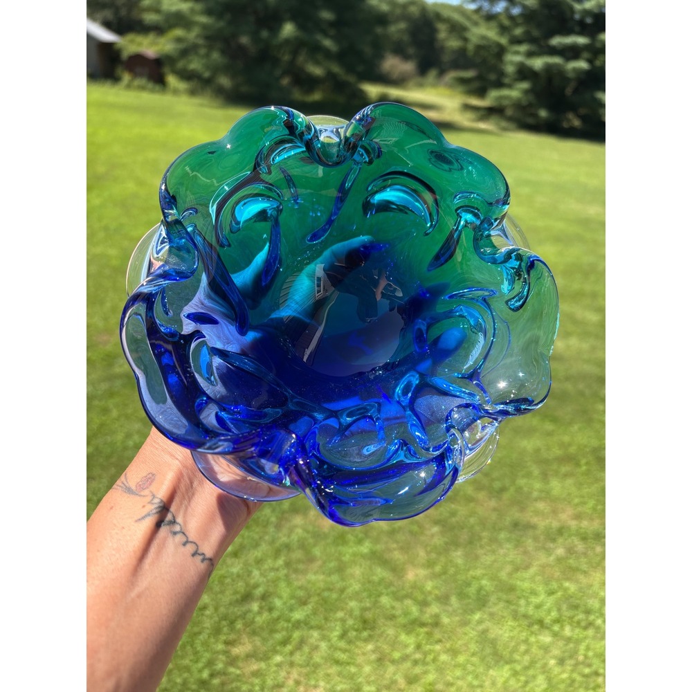 Vintage Murano Style Art Glass Ruffled Bowl Cobalt Blue Emerald Green 7 Inch - Picture 3 of 9